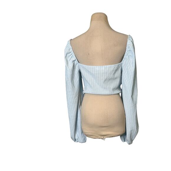 Vestique Blue White Checkered Pattern Long Sleeves Ruched Crop Top size M - Picture 2 of 16